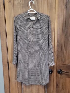 Black and White Patterned Long-Sleeve Shirt Dress
